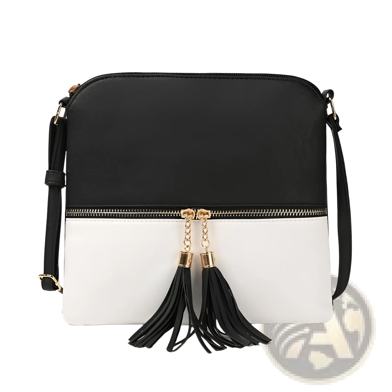 Black and white faux leather tassel crossbody bag with gold-toned zipper pull and black tassels detail