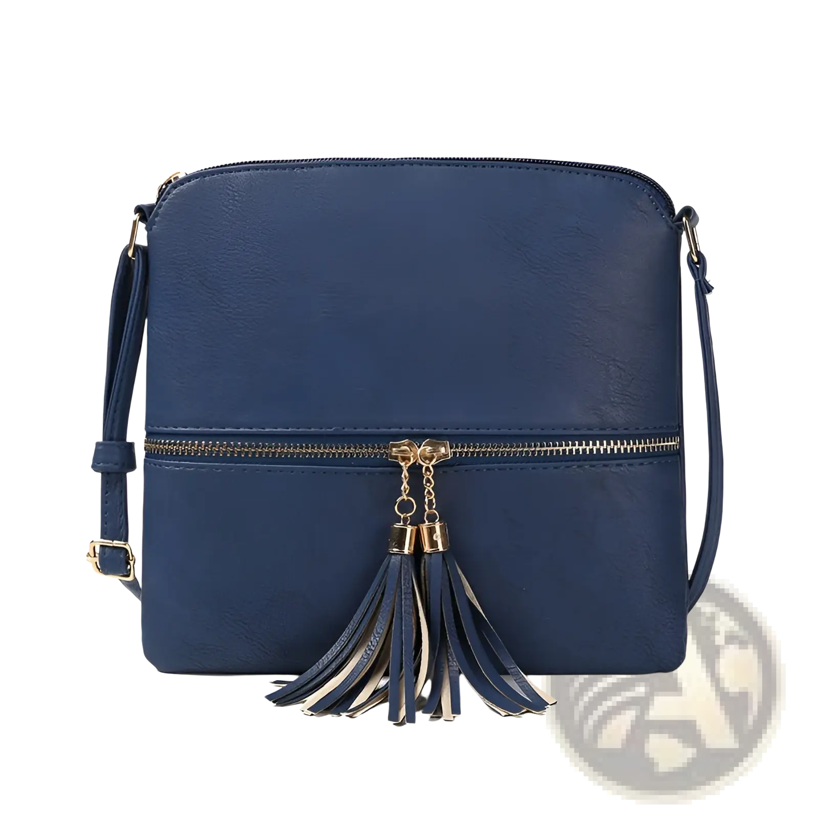 Navy blue faux leather crossbody bag with gold-tone zipper and dual-toned tassel accent for stylish everyday use