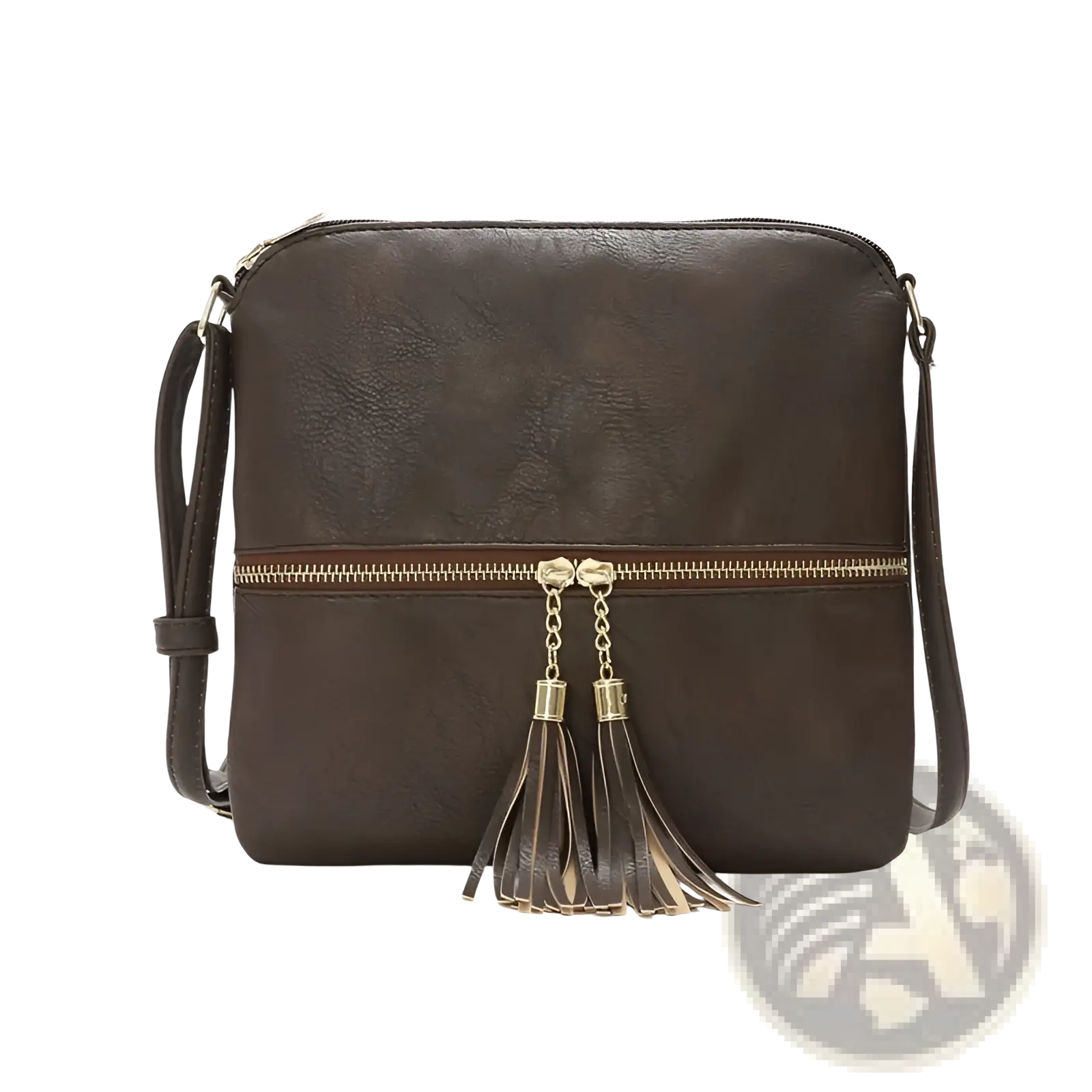 Brown faux leather crossbody bag with gold-toned zipper and matching tassel detail for stylish daily use