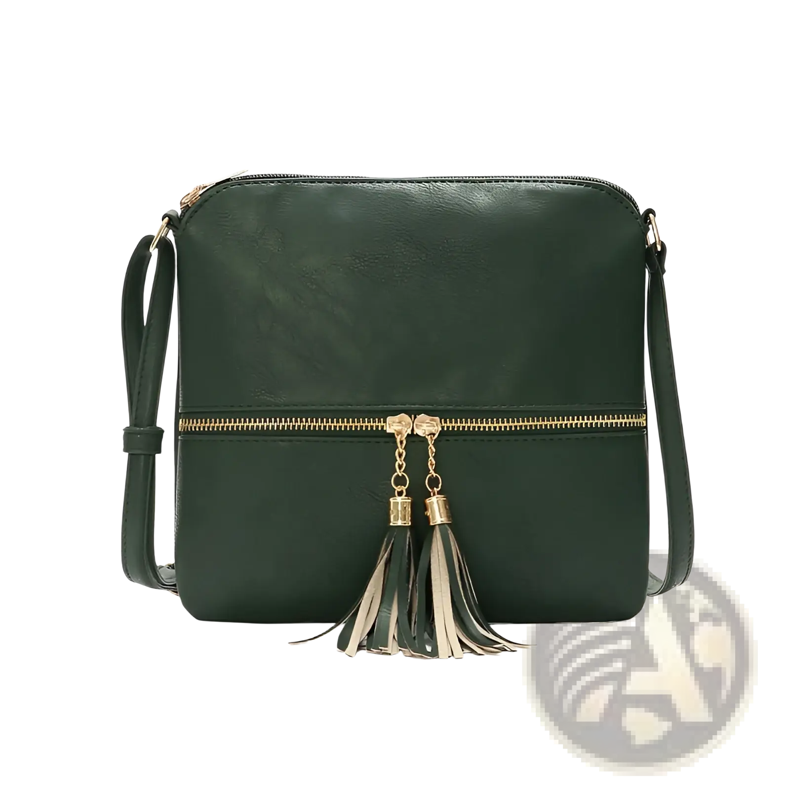 Dark green faux leather tassel crossbody bag with gold-tone zipper and dual fringe detail for stylish use
