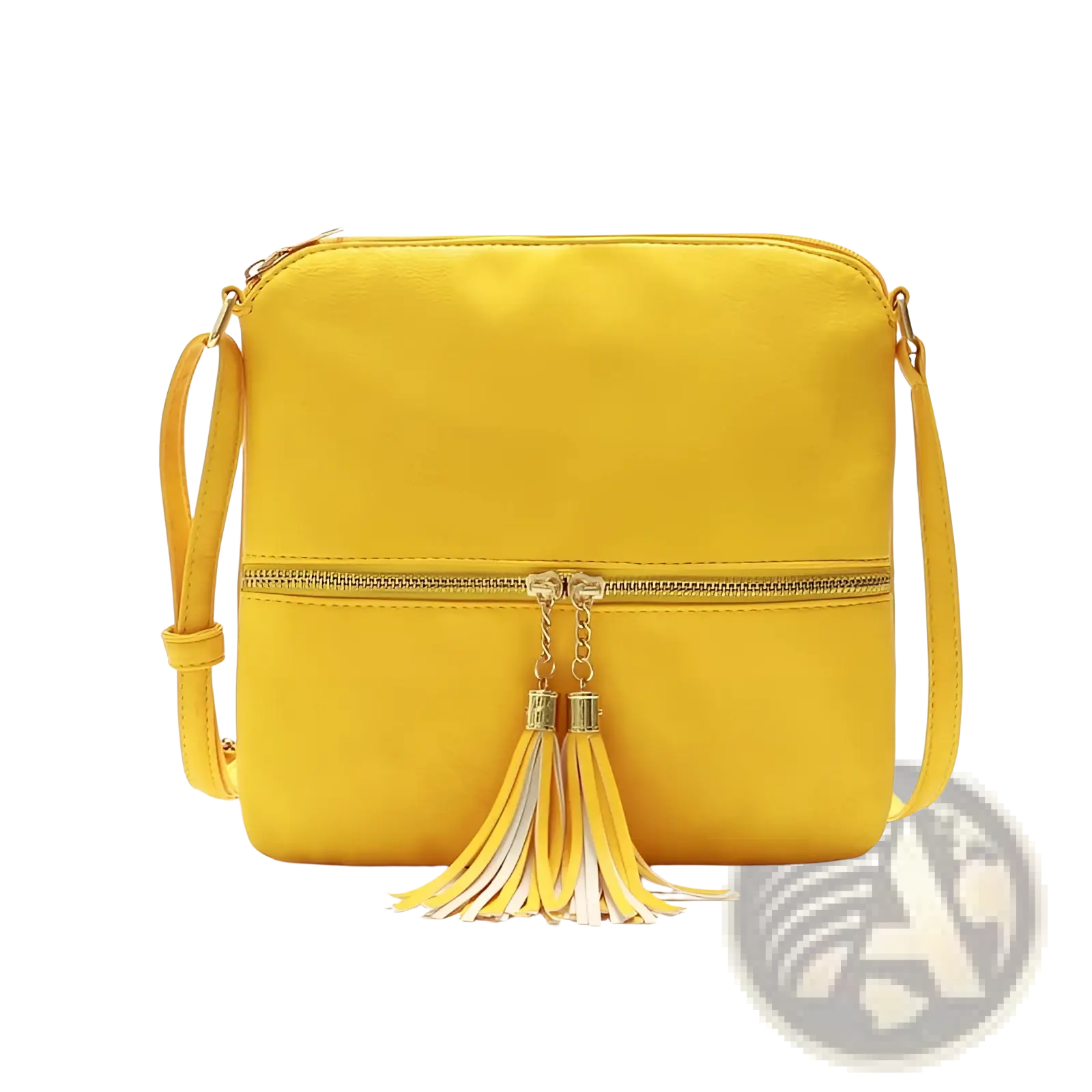 Bright yellow faux leather tassel crossbody bag with zipper detail and matching strap featuring yellow and white fringes