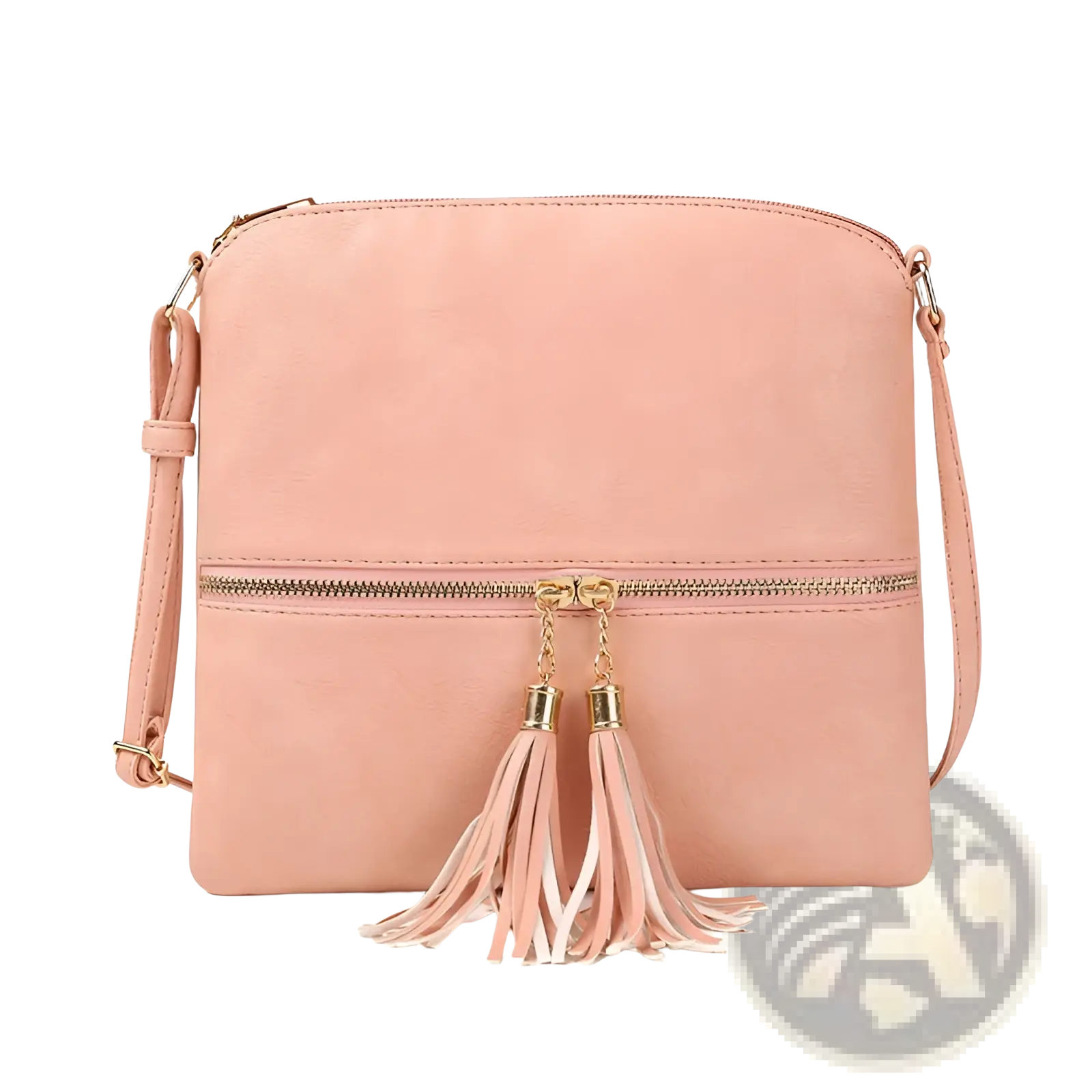 A soft pink faux leather crossbody bag with zipper detail and decorative tassels on the pull tab