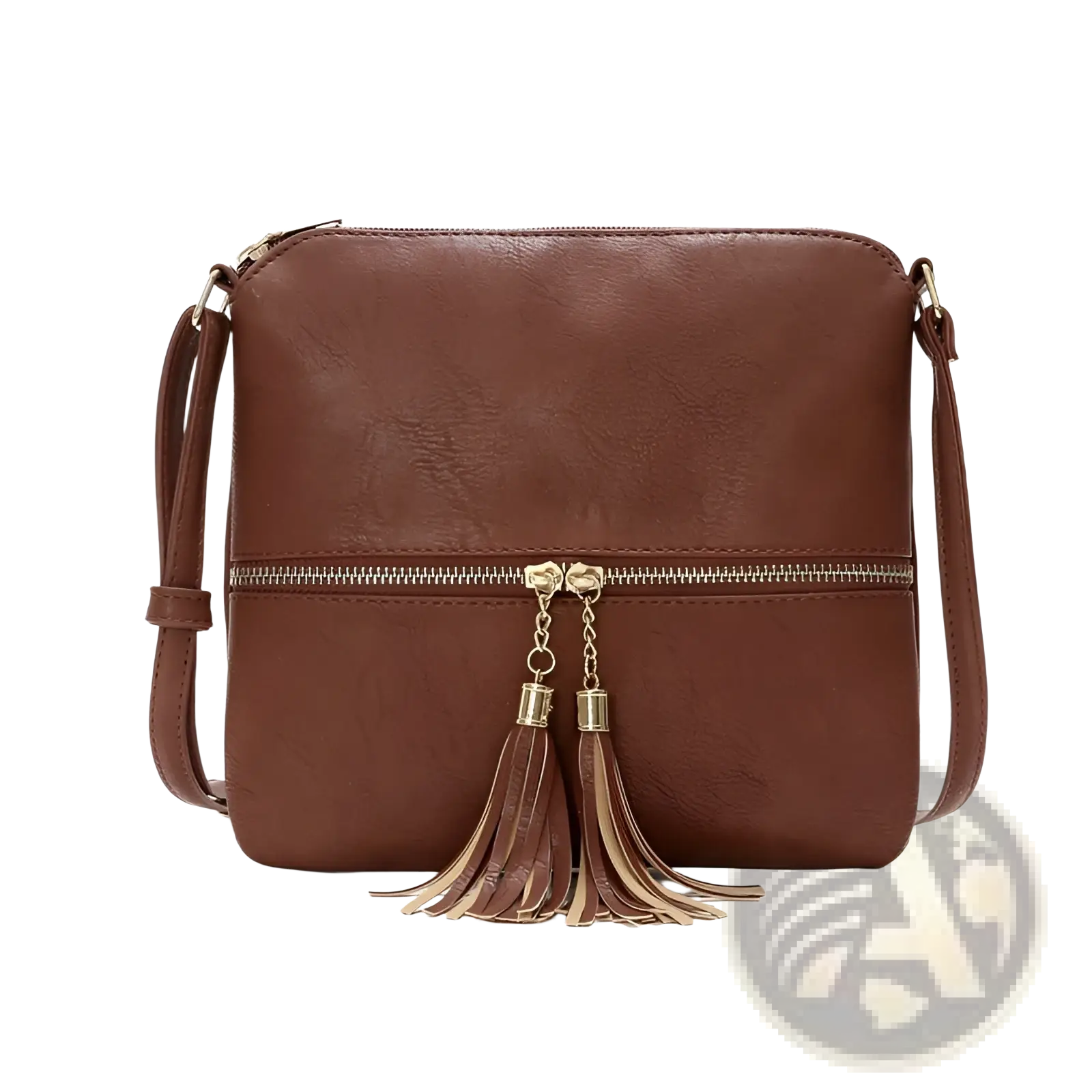 Brown faux leather tassel crossbody bag with gold-tone zipper detail and matching accents