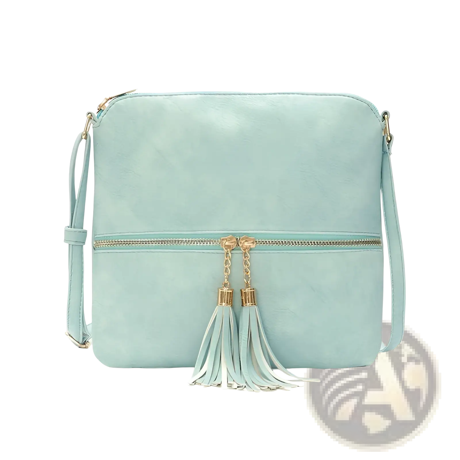 Mint green faux leather crossbody bag with zipper detail and matching gold-tone tassels for stylish wear