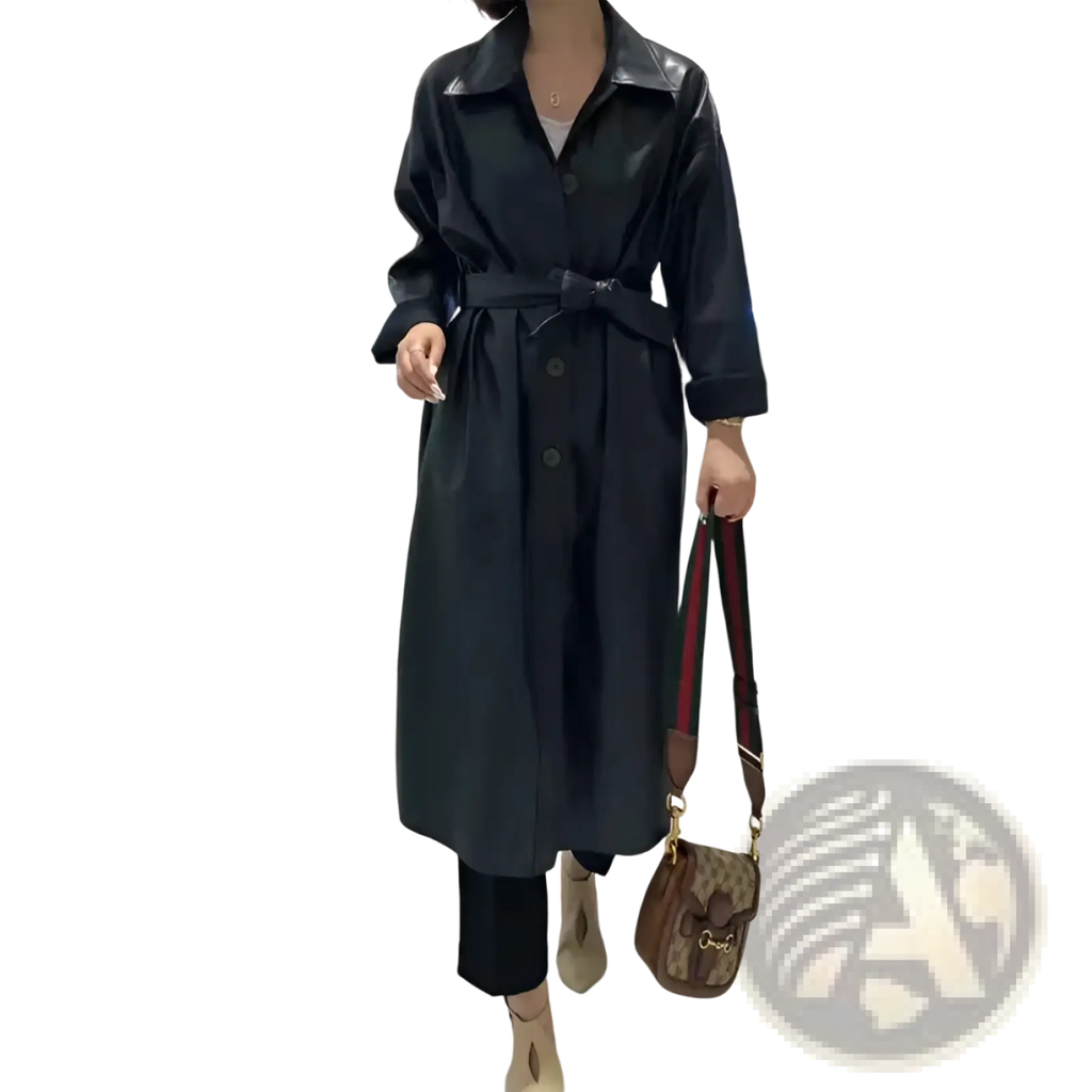 Black faux leather trench coat with belted waist and button front designed as a long windbreaker jacket