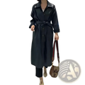Black faux leather trench coat with belted waist and button front designed as a long windbreaker jacket
