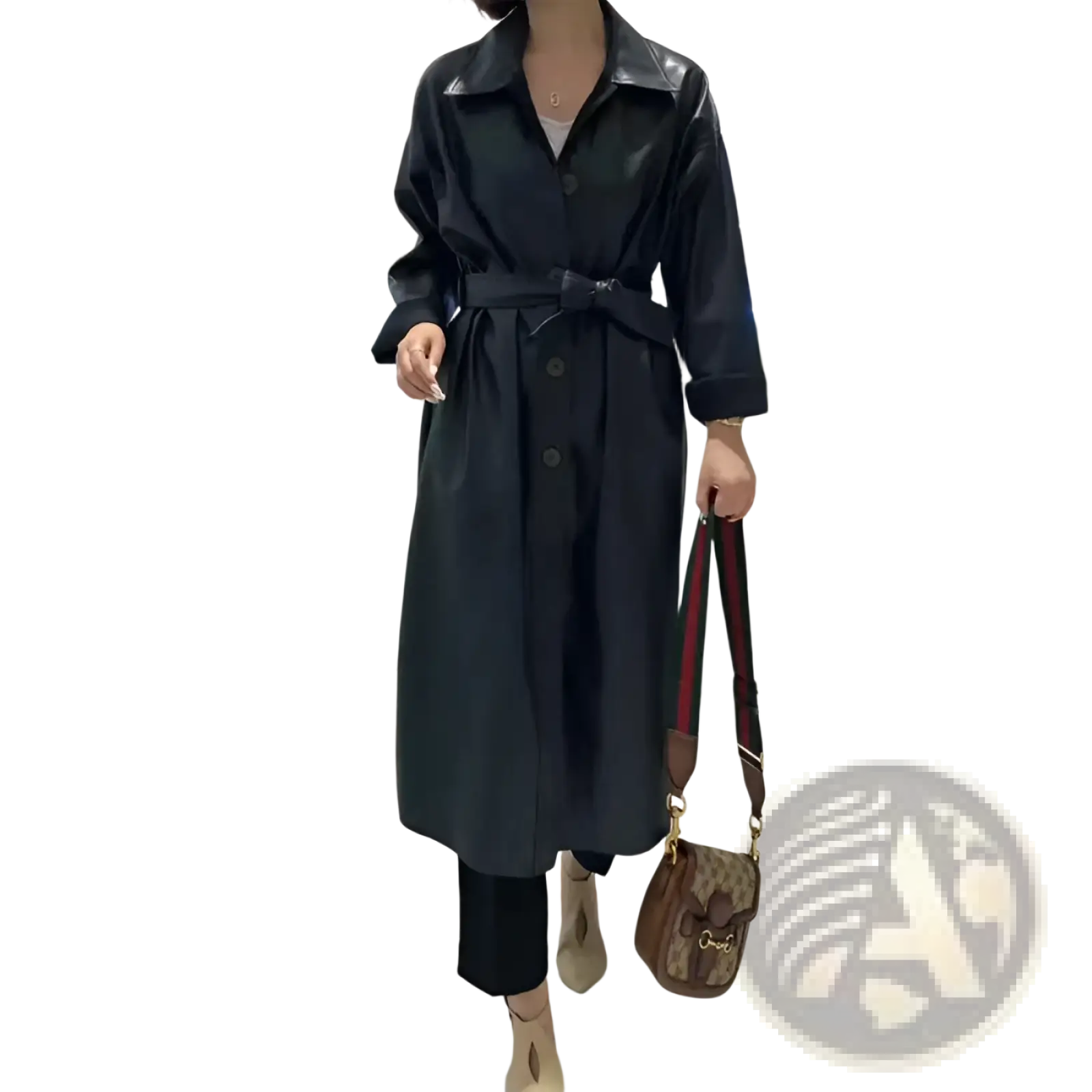 Black faux leather trench coat with belted waist and button front designed as a long windbreaker jacket
