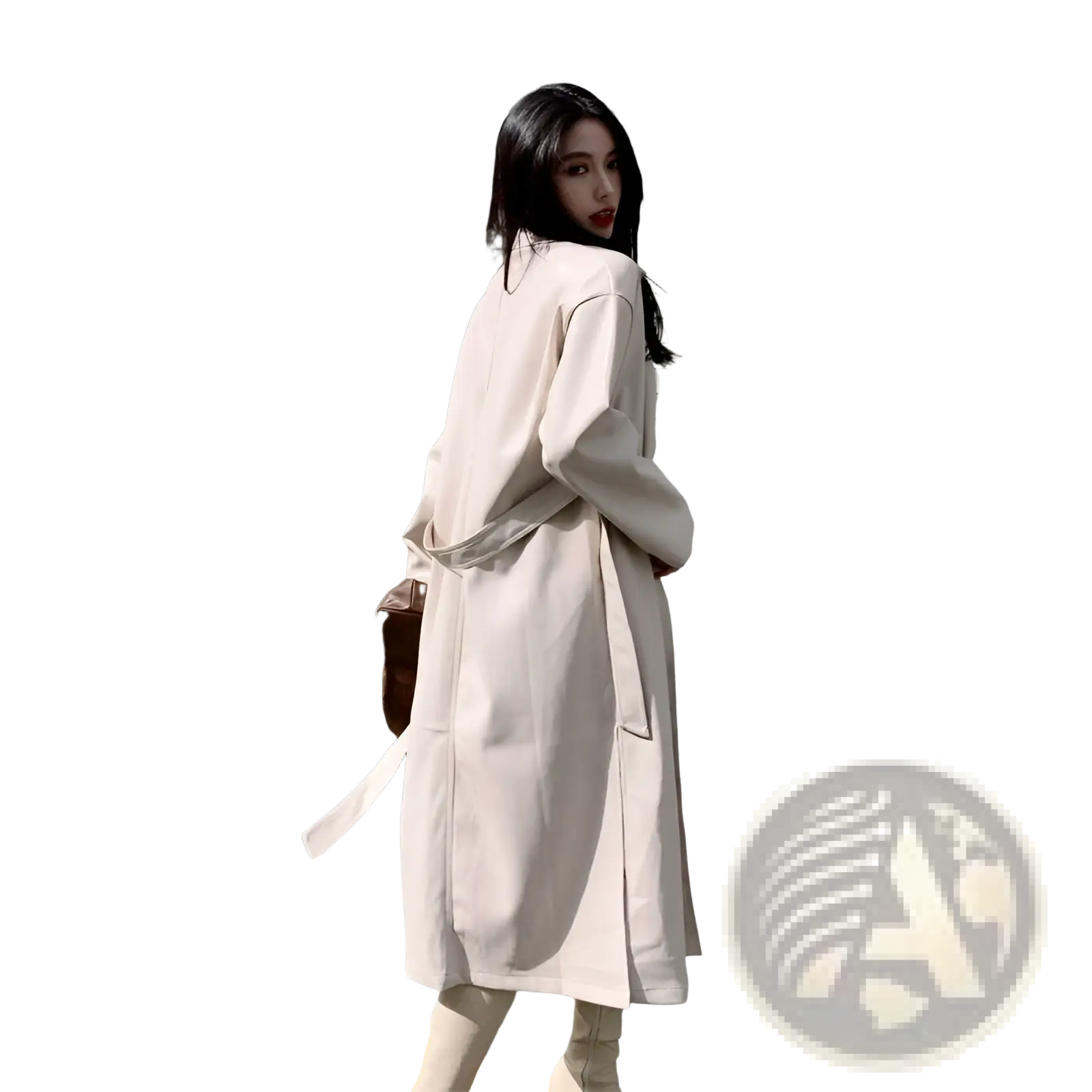 Beige faux leather trench coat with belted waist and long sleeves designed as a windbreaker jacket