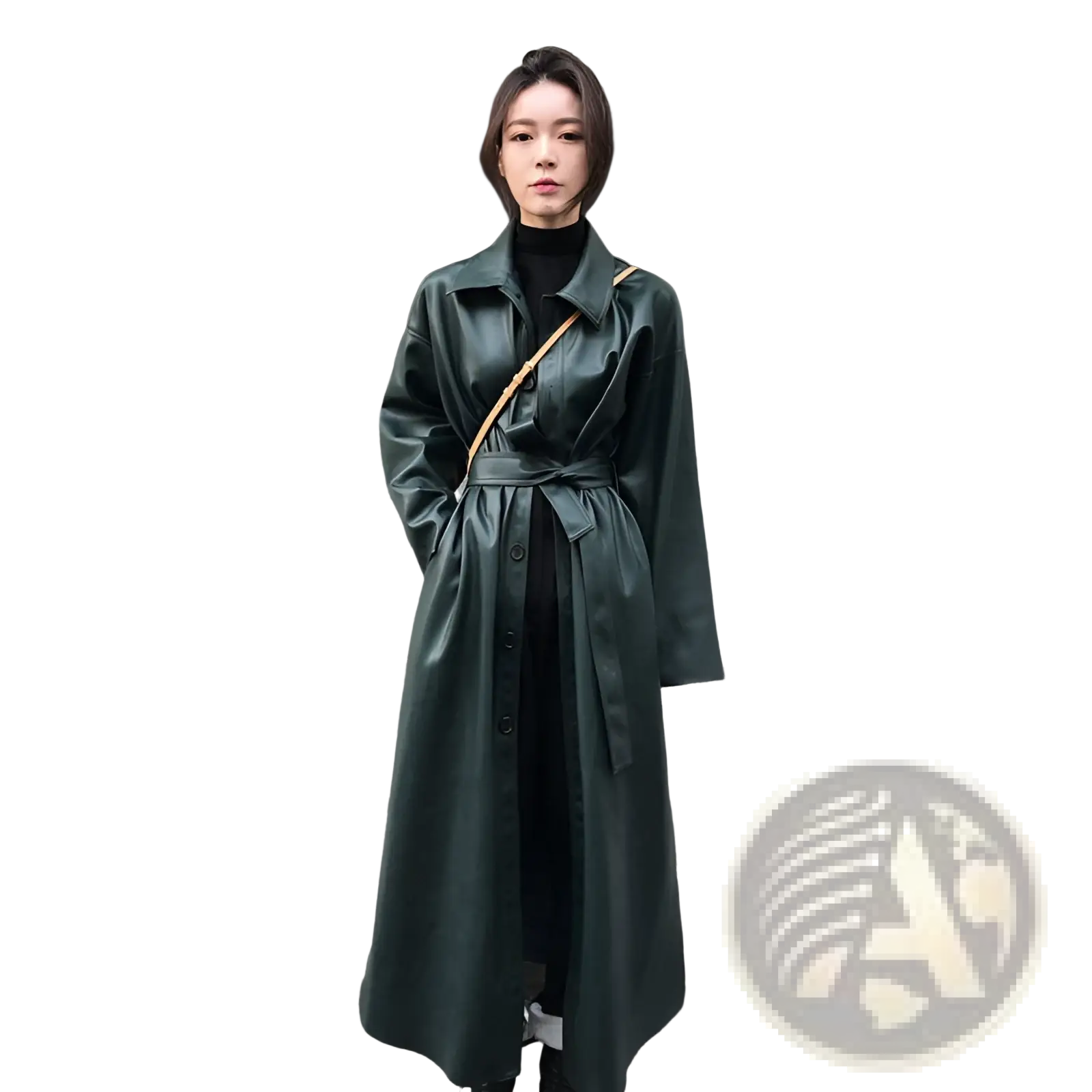 Dark green faux leather trench coat with belted waist and button front in a long windbreaker style jacket