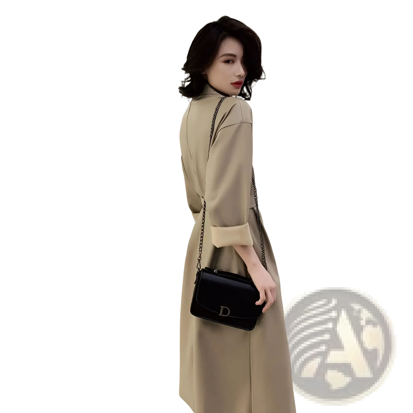 Black leather crossbody bag with gold tone d logo and chain strap paired with faux leather trench coat belt long windbreaker jacket