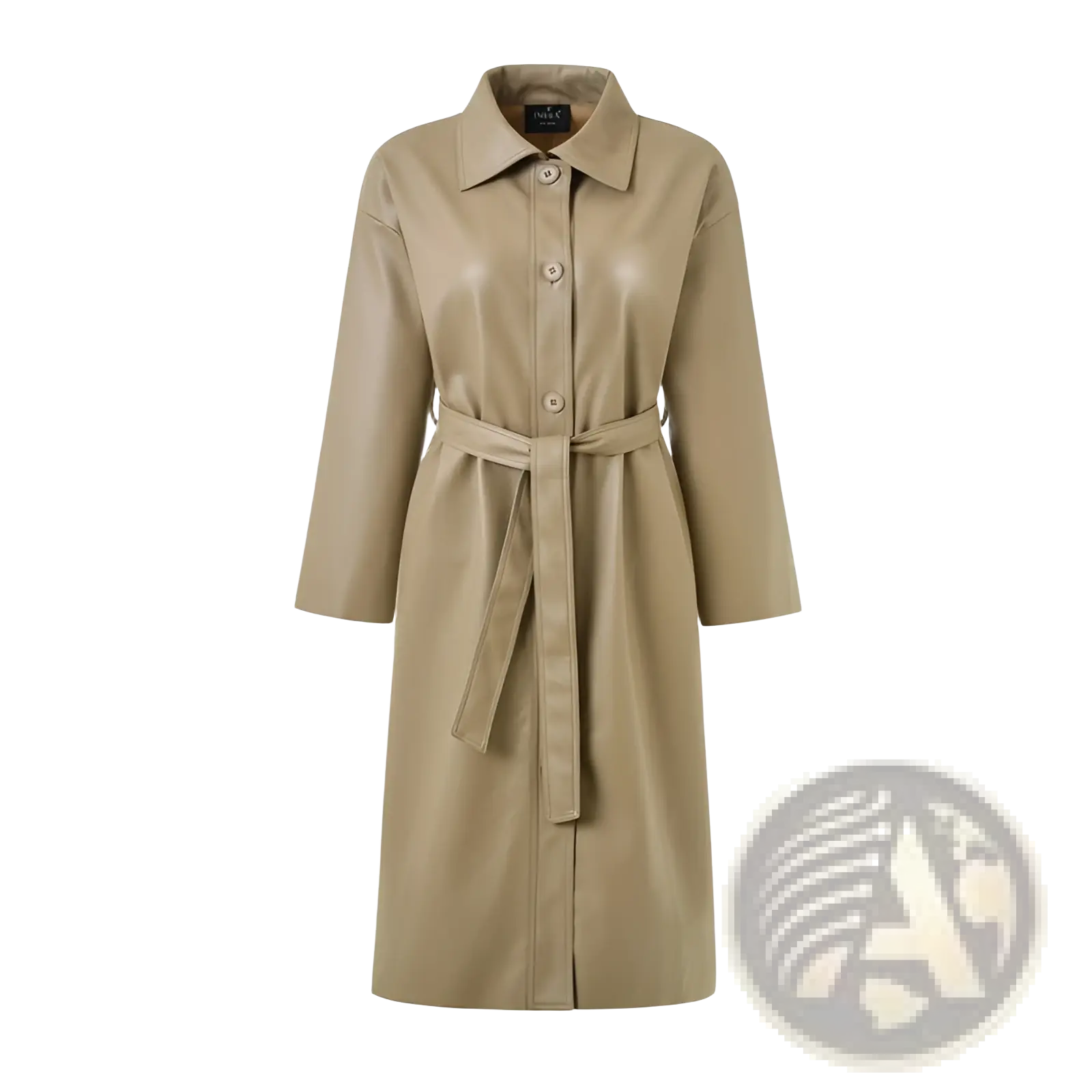 Beige faux leather trench coat with collar front button closure and matching belt belted long windbreaker jacket