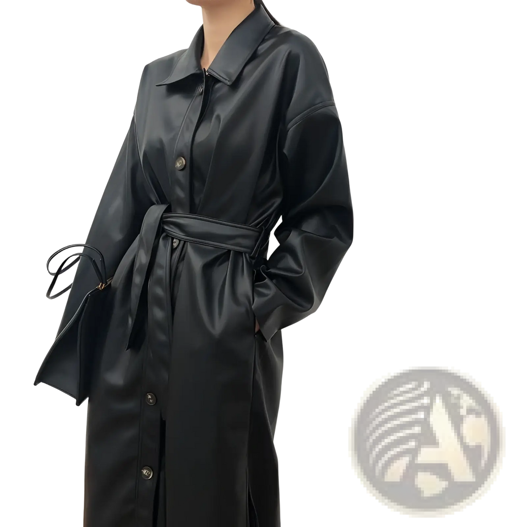 Black faux leather trench coat with belted waist and button front designed as a long windbreaker jacket