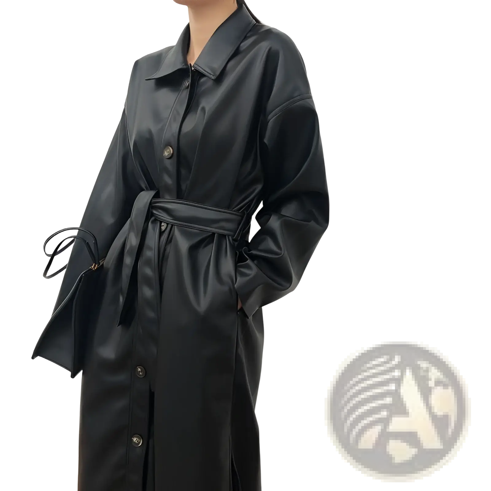 Black faux leather trench coat with belted waist and button front designed as a long windbreaker jacket