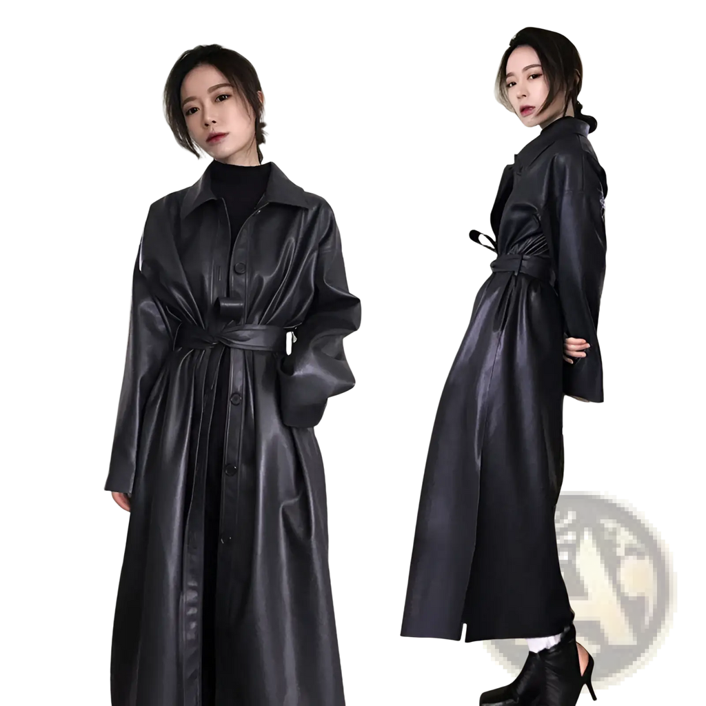 Black faux leather trench coat with belted waist and button front for a long windbreaker jacket style