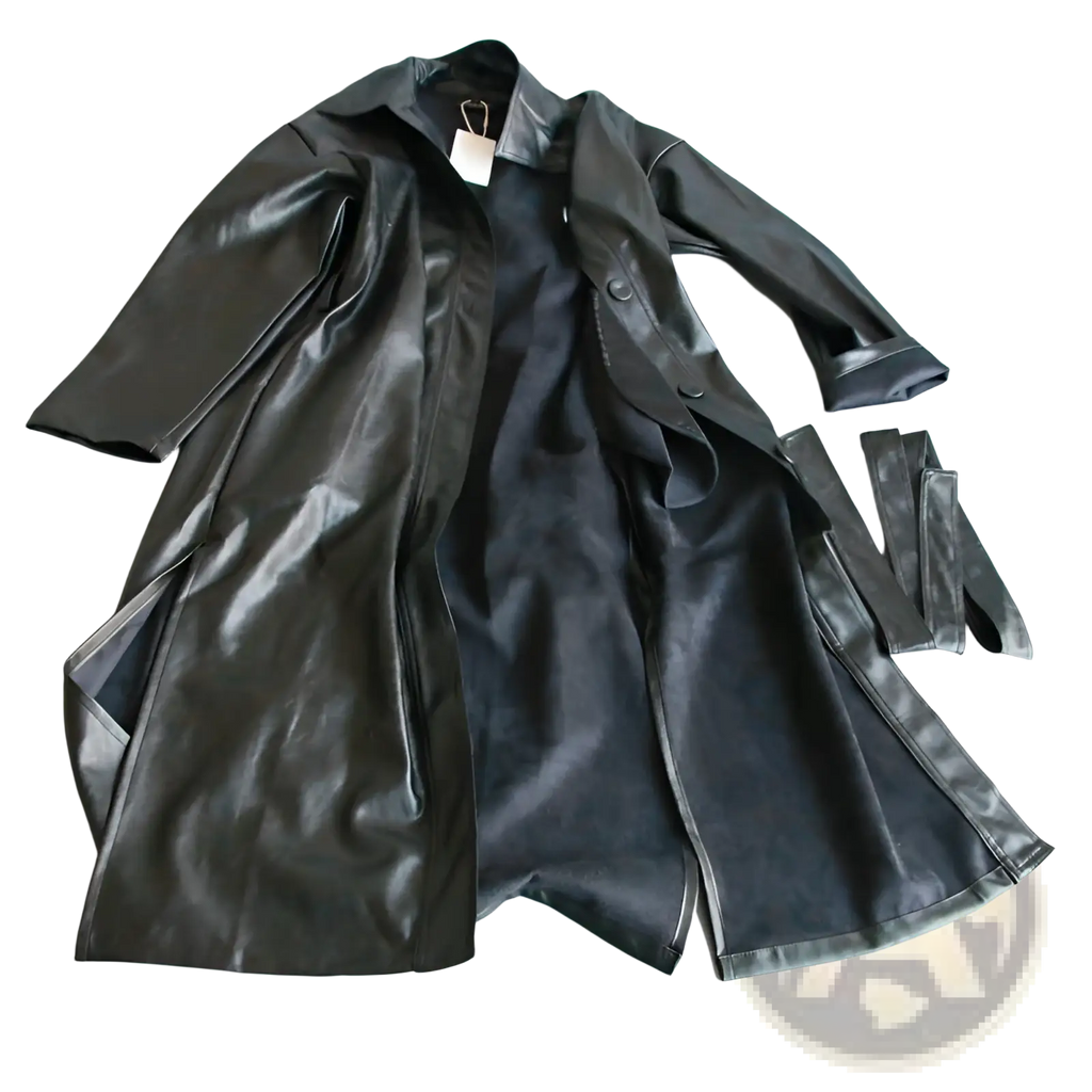 Black faux leather trench coat with classic collar and button closure belted long windbreaker jacket front view