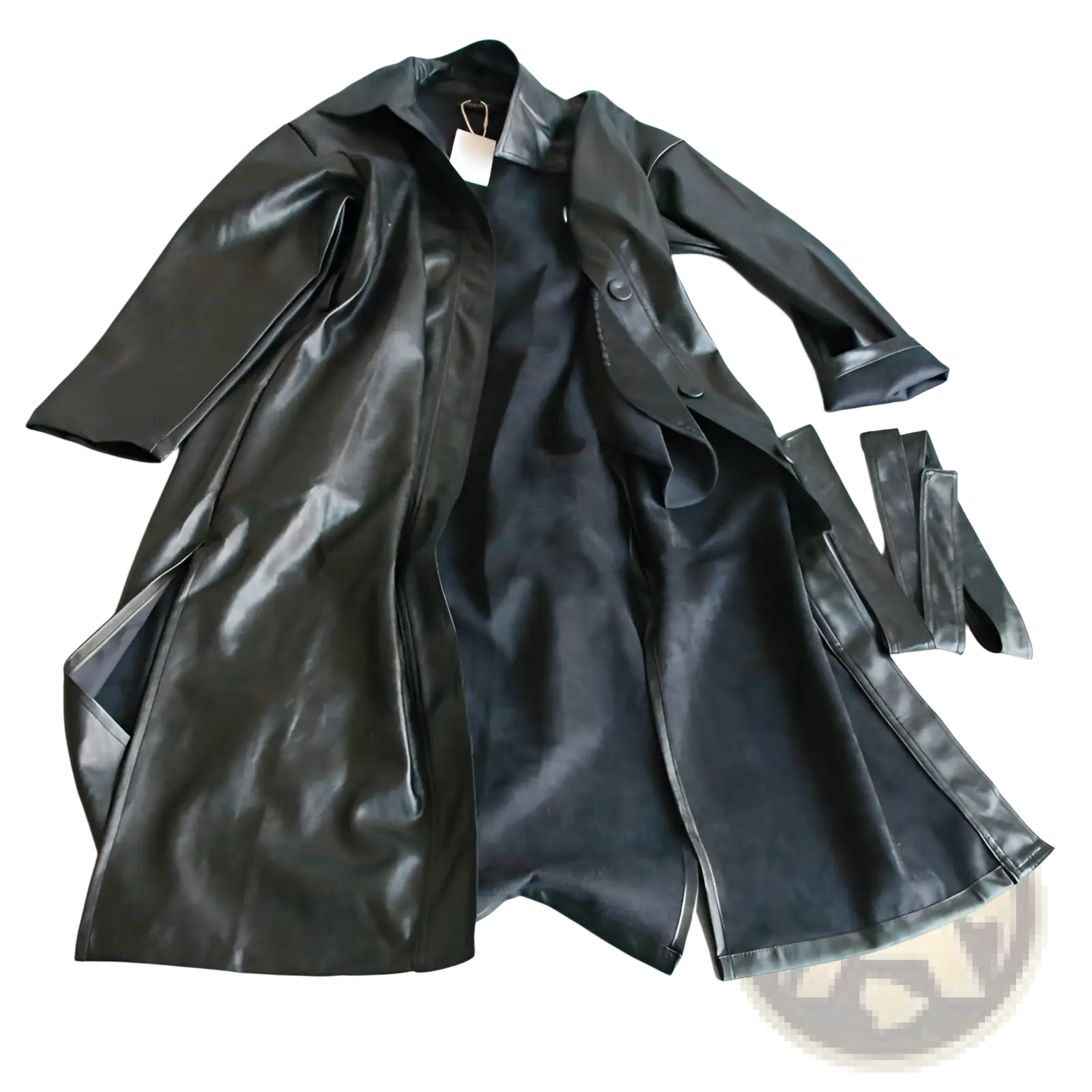 Black faux leather trench coat with classic collar and button closure belted long windbreaker jacket front view