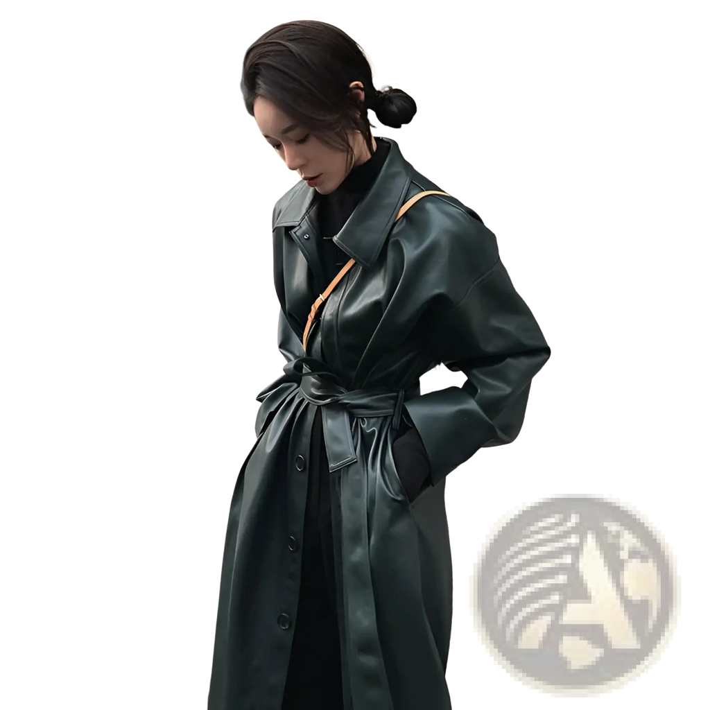 Dark green faux leather trench coat with belted waist and tan shoulder strap in a long windbreaker style