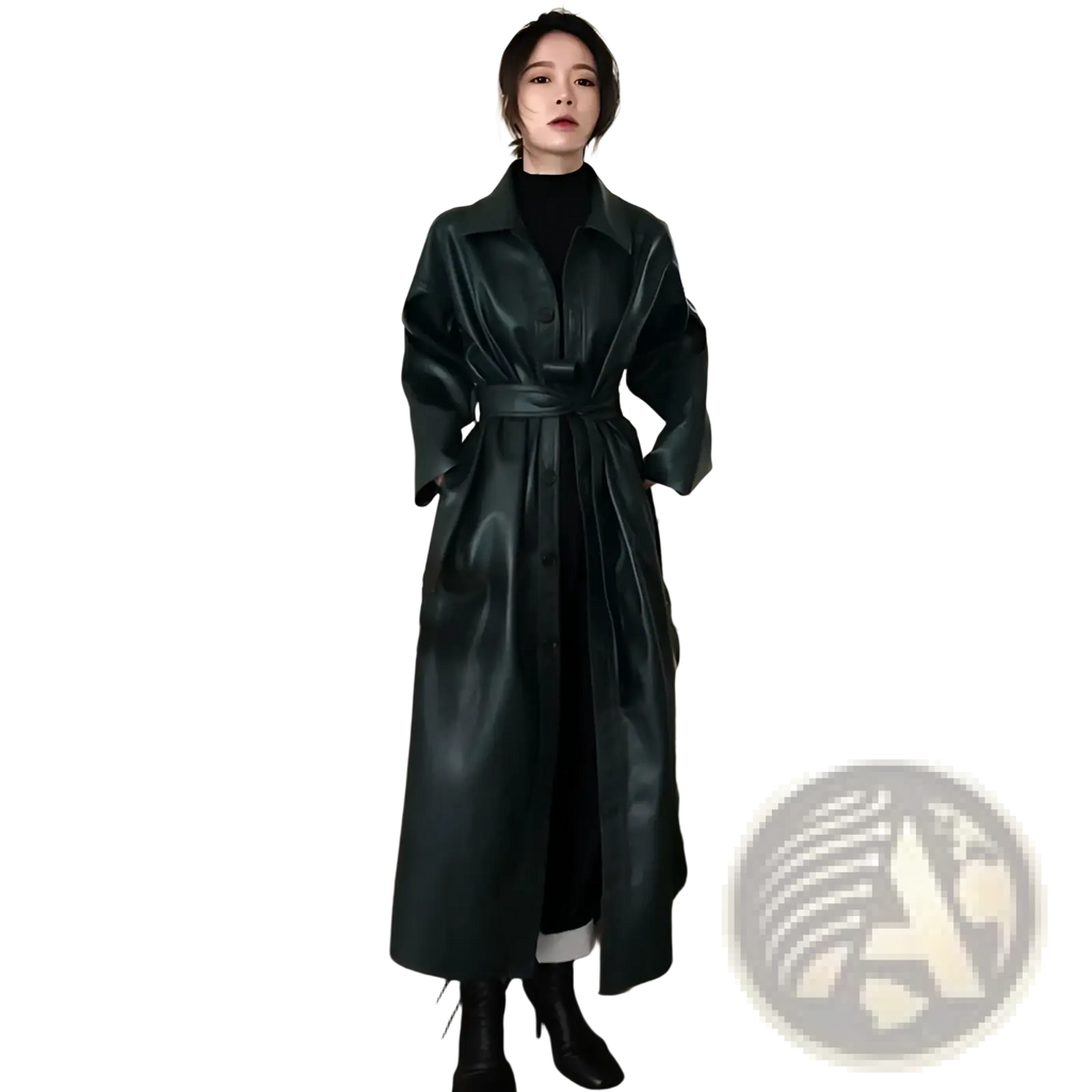 Dark green faux leather trench coat with belted waist and long sleeves suitable as a windbreaker jacket