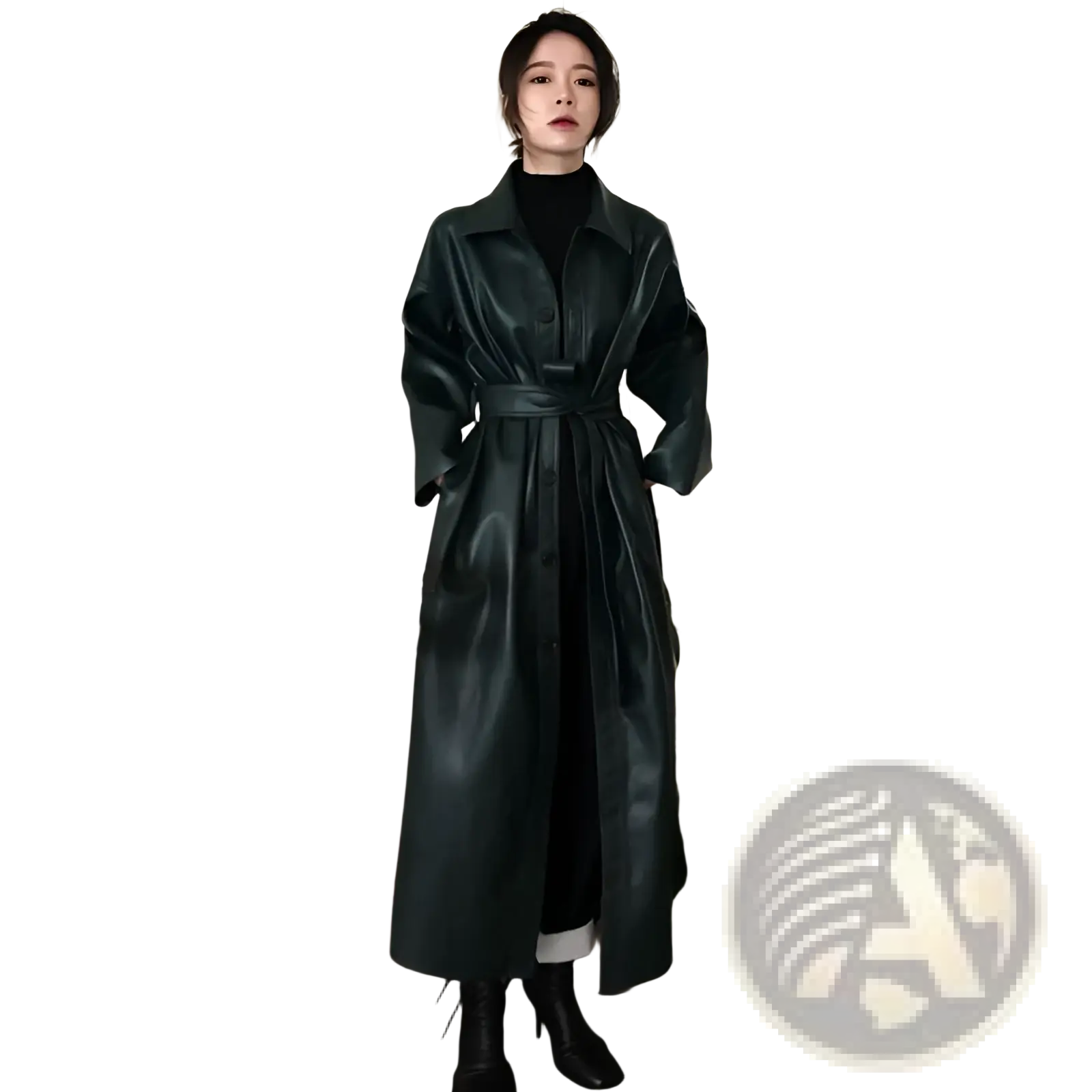 Dark green faux leather trench coat with belted waist and long sleeves suitable as a windbreaker jacket