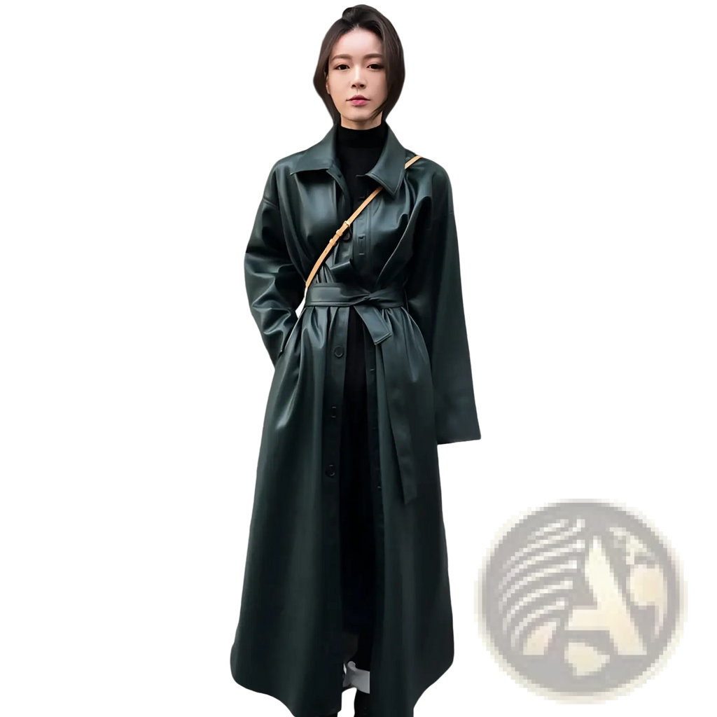 A sleek dark green faux leather trench coat with a belted waist and long sleeves for windbreaker use