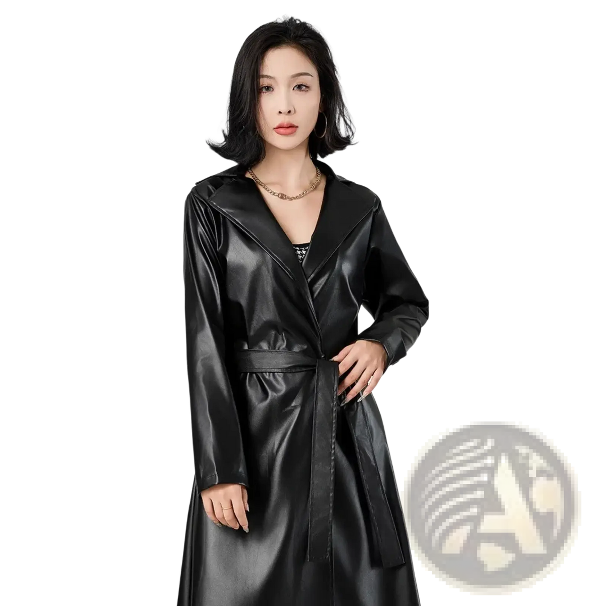 Black faux leather trench coat for women with belted waist and collar in punk streetwear style