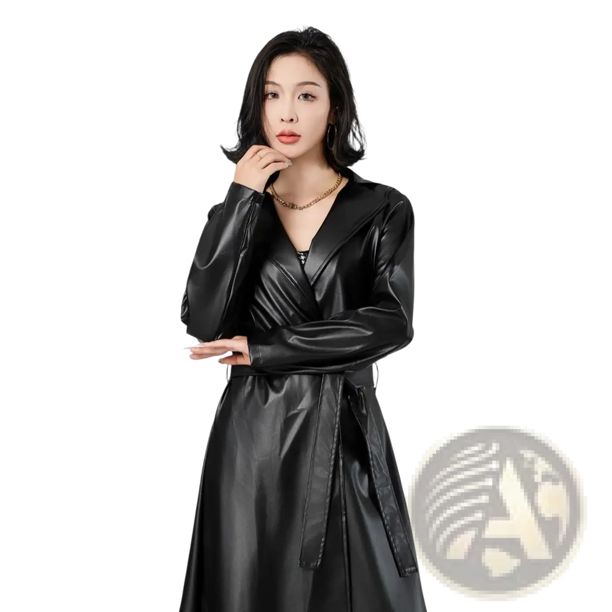 Black faux leather trench coat for women with a belted waist and long sleeves in punk streetwear style