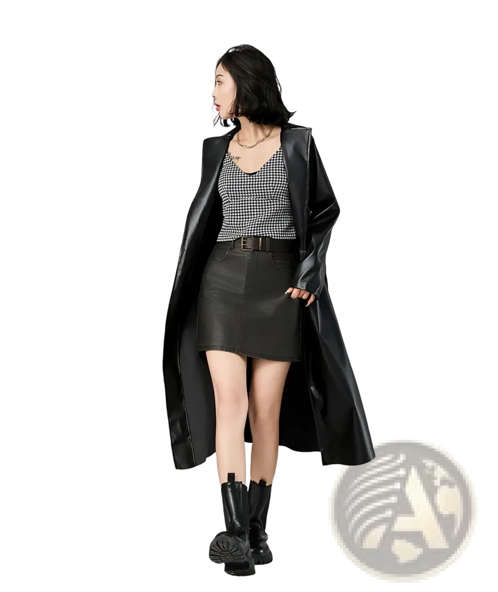 Black faux leather trench coat for women with a sleek glossy finish and wide lapels punk streetwear style