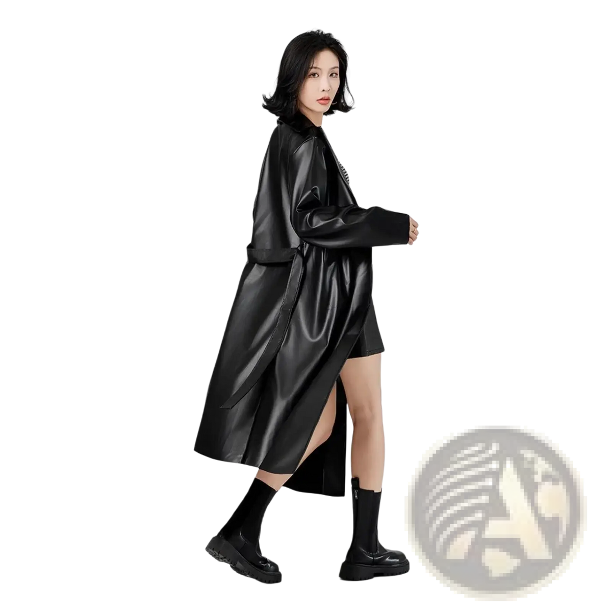 Black faux leather trench coat for women with high slit and wide cuffs designed for punk streetwear style