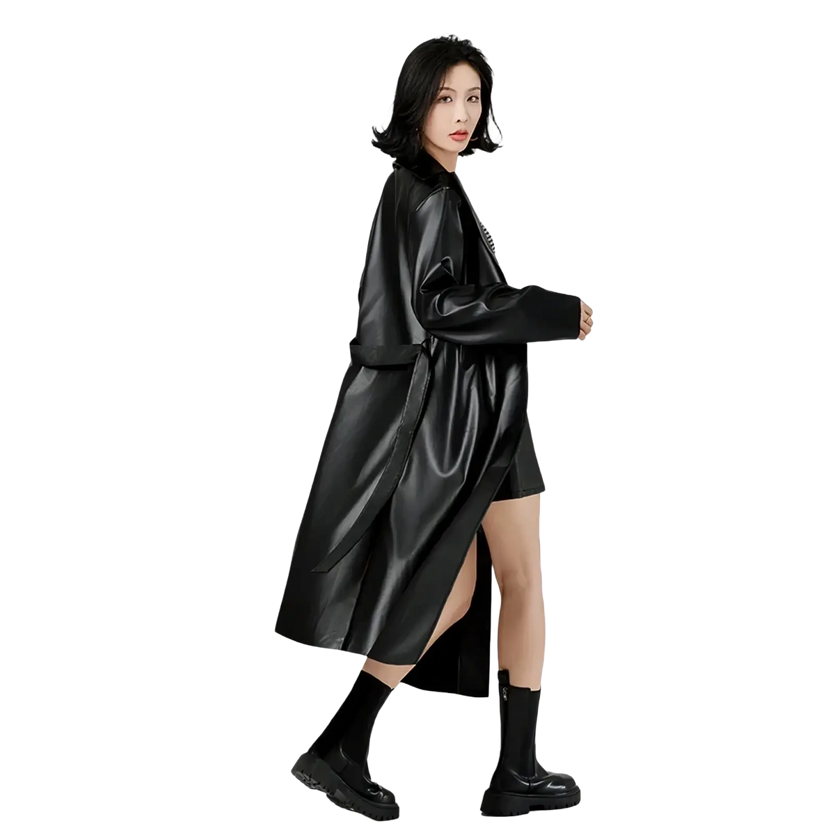 Black glossy faux leather trench coat for women featuring a high slit and wide sleeves in punk streetwear style