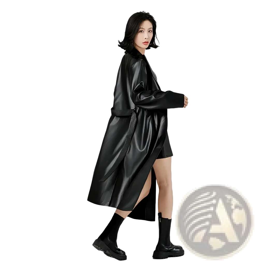 Black glossy faux leather trench coat for women featuring a high slit and wide sleeves in punk streetwear style