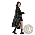 Black glossy faux leather trench coat for women featuring a high slit and wide sleeves in punk streetwear style