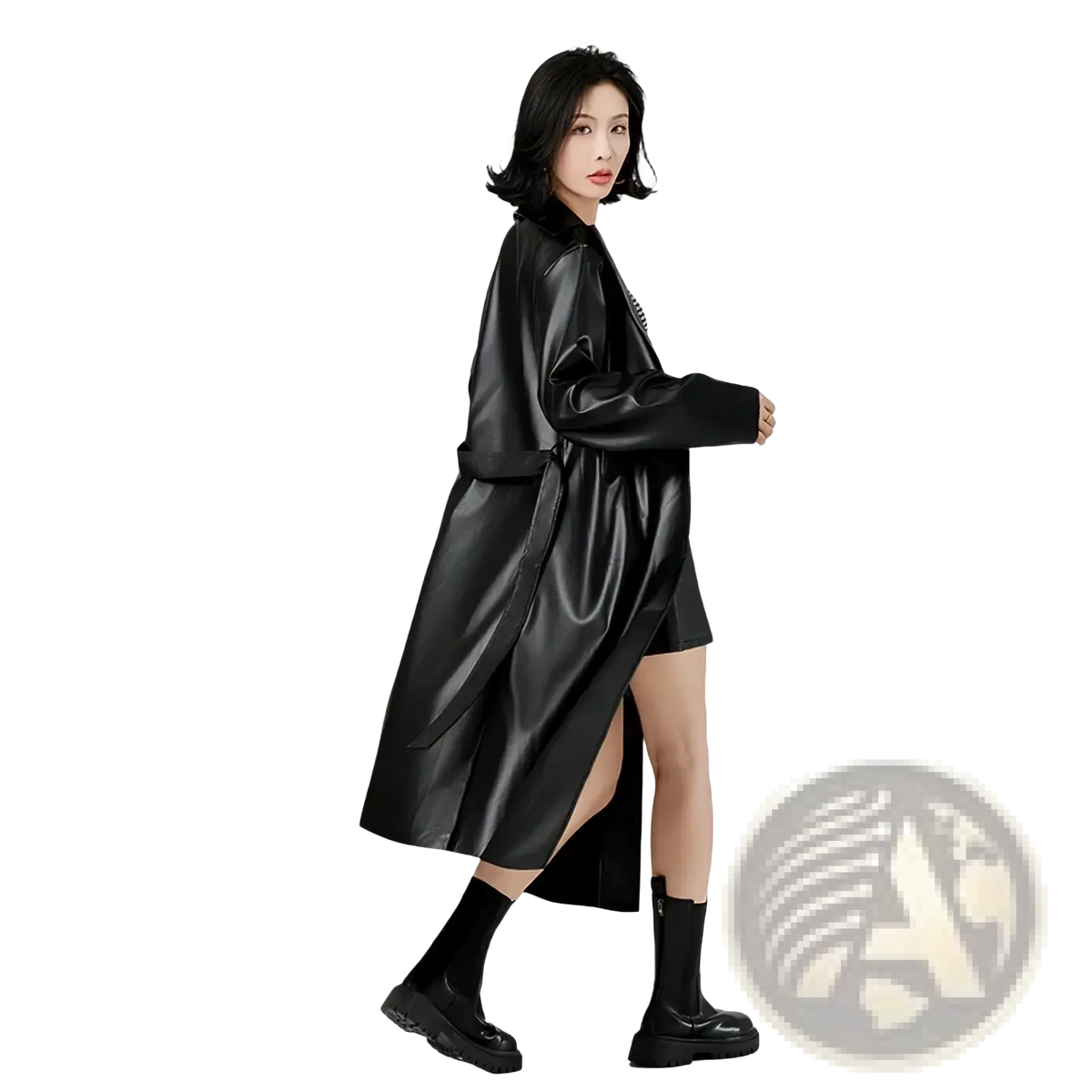 Black glossy faux leather trench coat for women featuring a high slit and wide sleeves in punk streetwear style