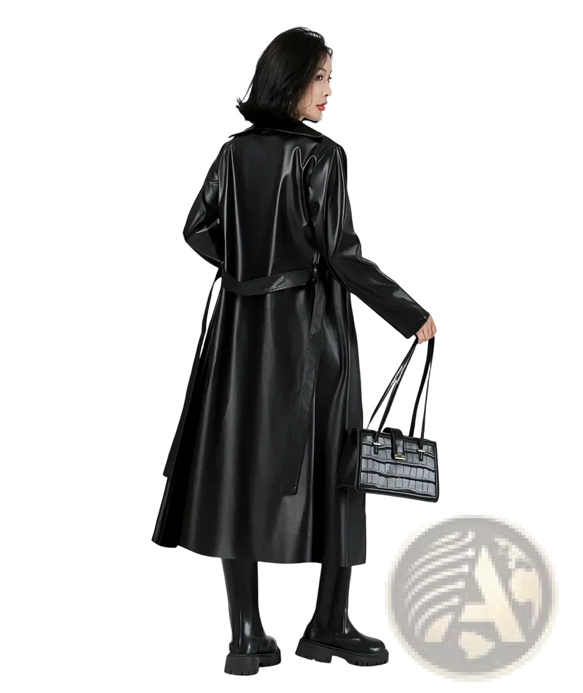 Black patent leather faux leather trench coat for women with belted waist and long sleeves punk streetwear style