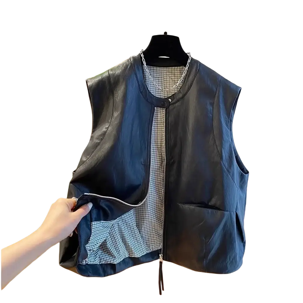 Black faux leather vest for women with loose fit sleeveless design checkered interior lining and front zipper closure