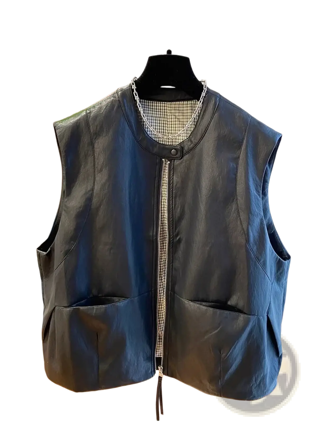 Black faux leather vest women loose casual sleeveless top with zipper front, large patch pockets, and checkered lining
