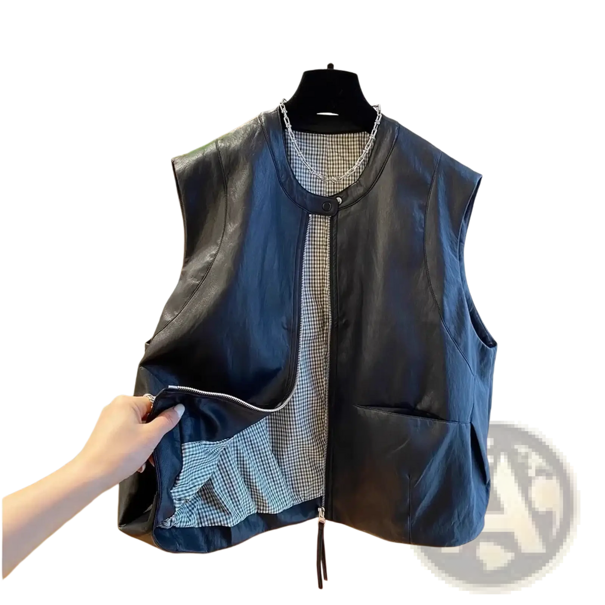 Black faux leather vest for women with checkered interior lining and front zipper closure casual outerwear
