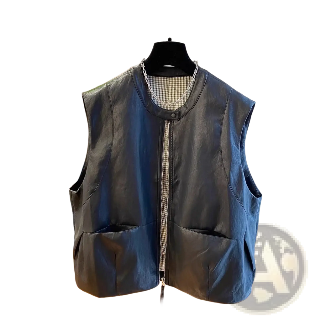 Black faux leather vest women zip pocket casual outerwear with front zipper, large patch pockets, and checkered lining