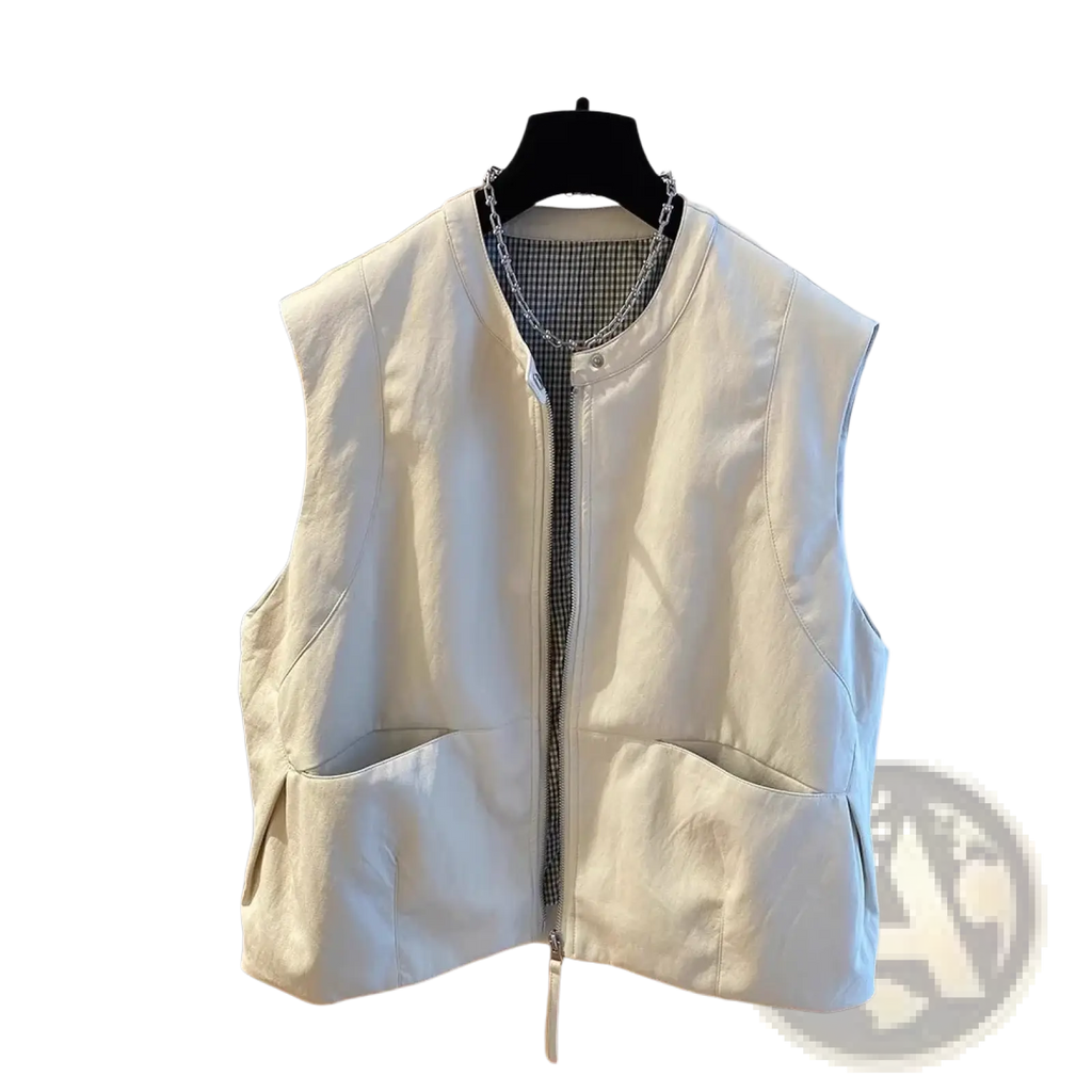 Cream-colored faux leather vest for women with front zipper and two large patch pockets casual outerwear