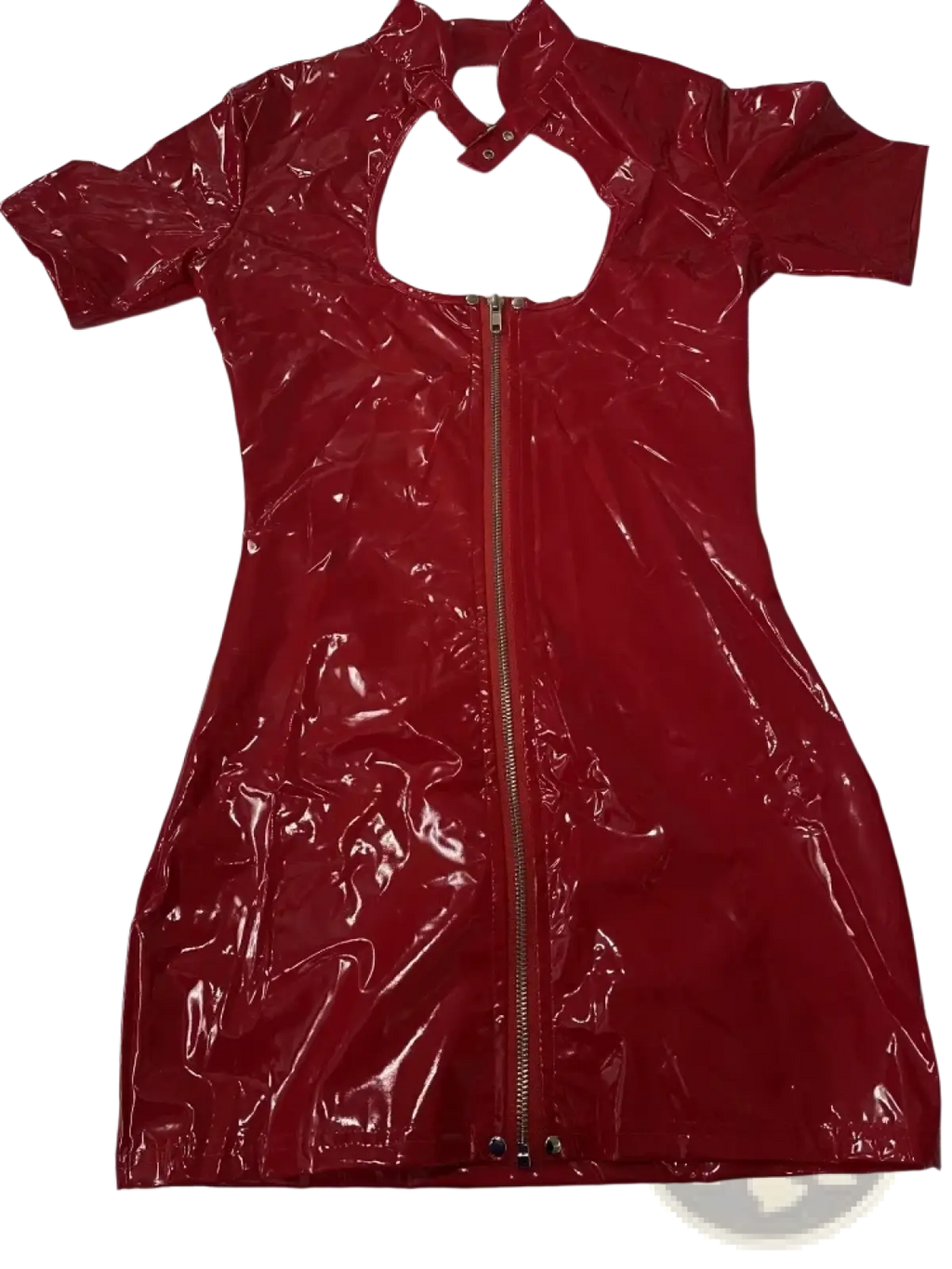 A glossy red latex mini dress with short sleeves and a front zipper made of faux leather wet look material