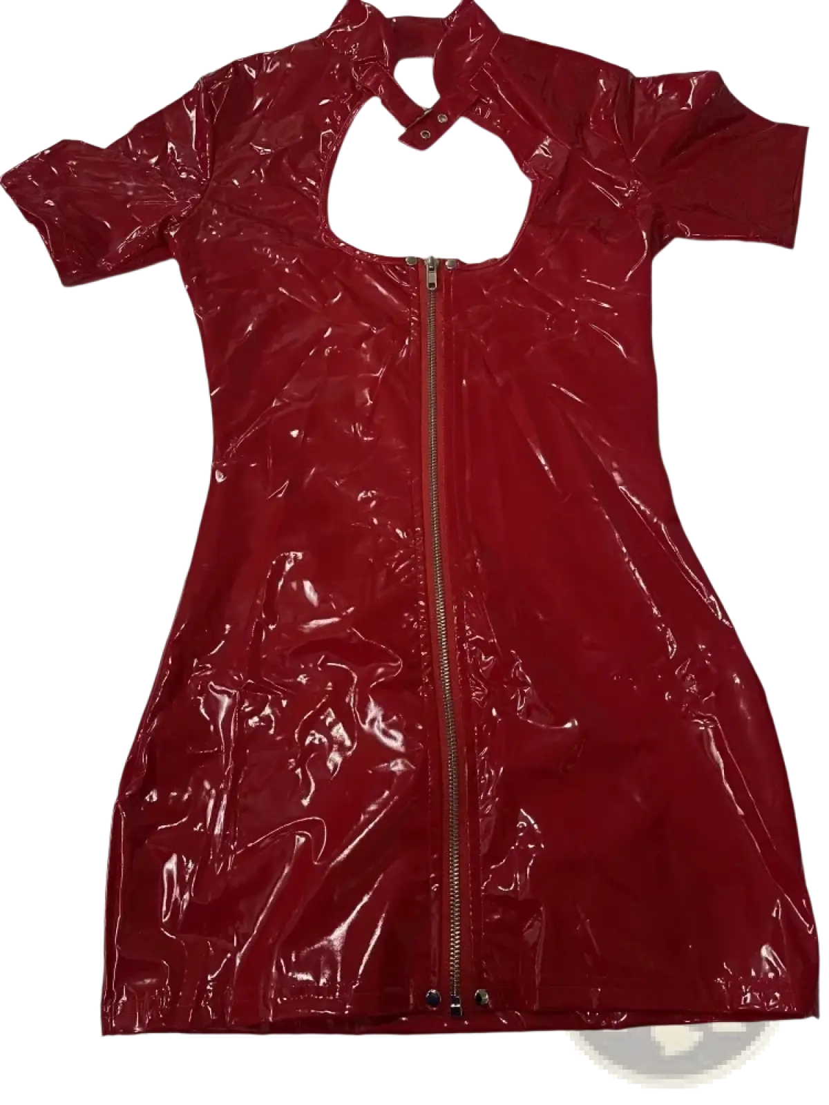 A glossy red latex mini dress with short sleeves and a front zipper made of faux leather wet look material