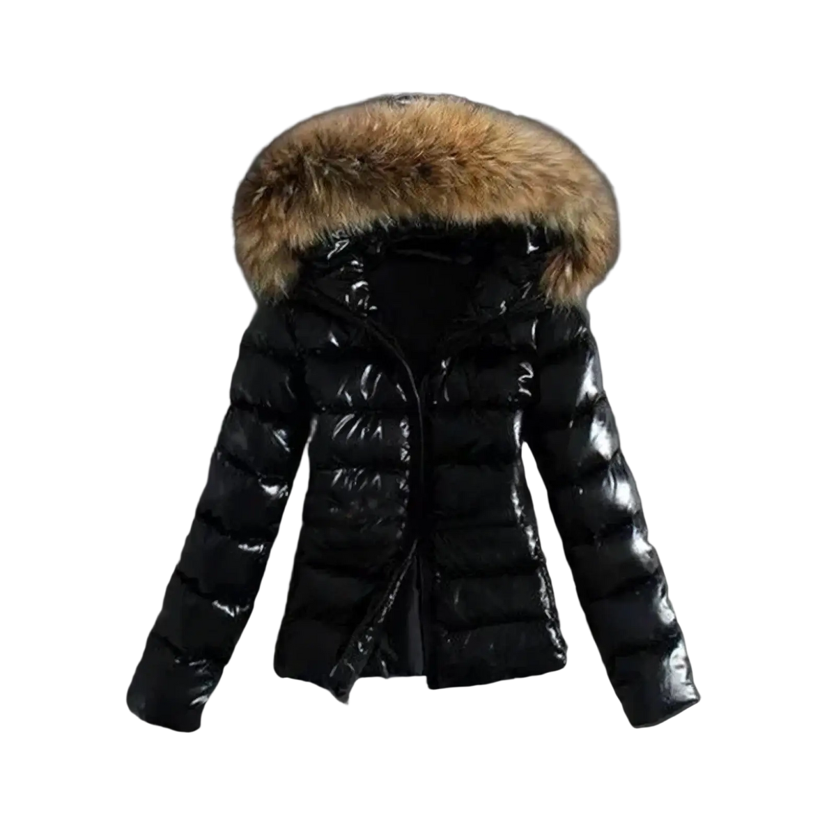 Black glossy faux leather winter jacket with tan fur-lined hood and puffer design for cold weather use