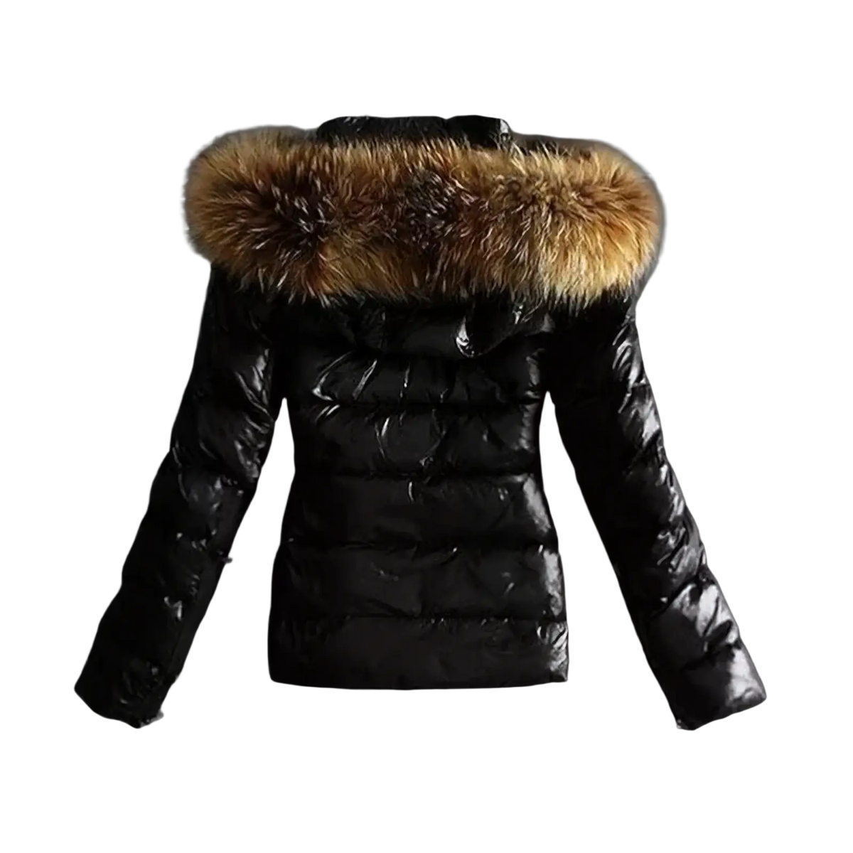 Black faux leather winter jacket with plush tan fur-lined hood and puffer coat design for cold weather use