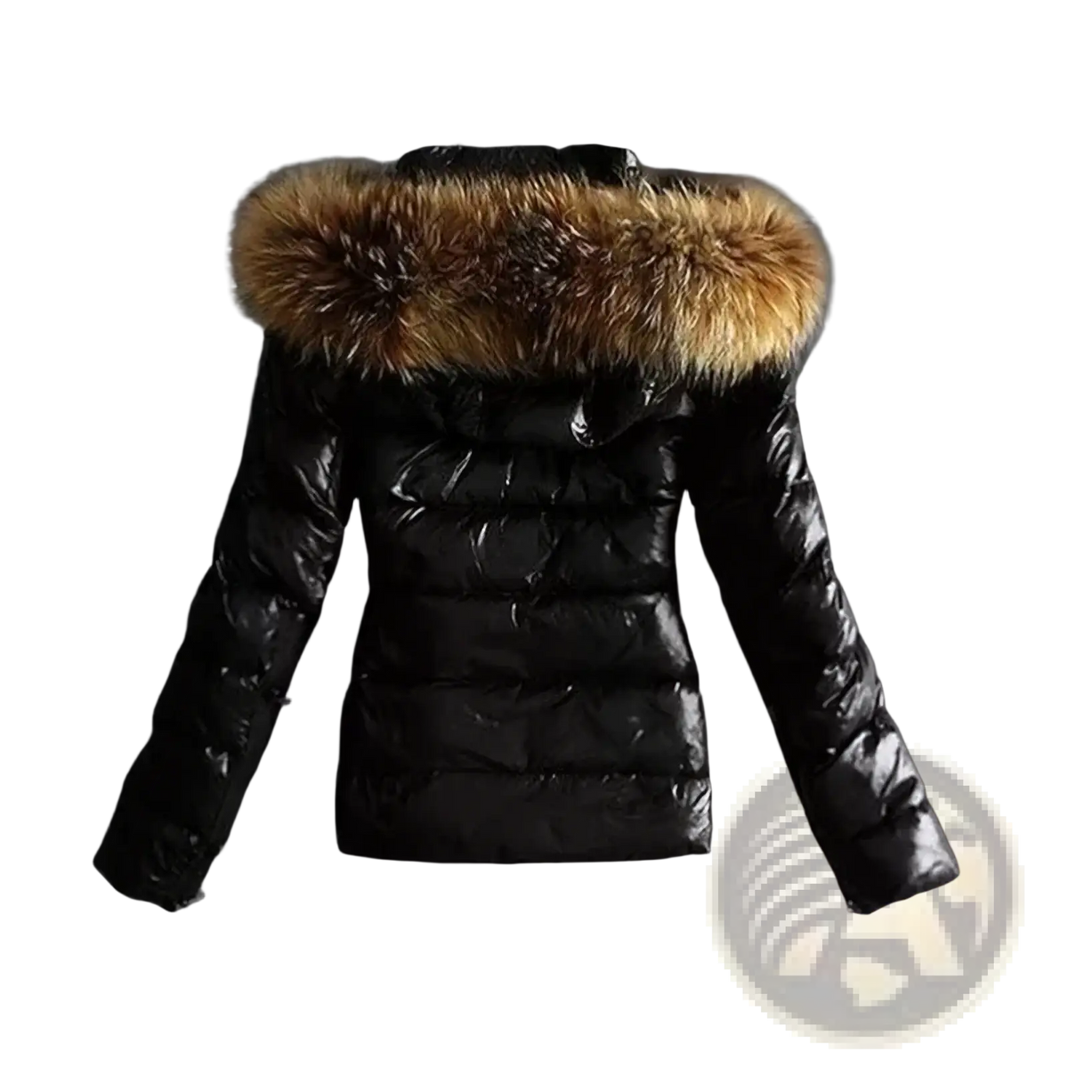 Black faux leather winter jacket with plush tan fur-lined hood and puffer coat design for cold weather use