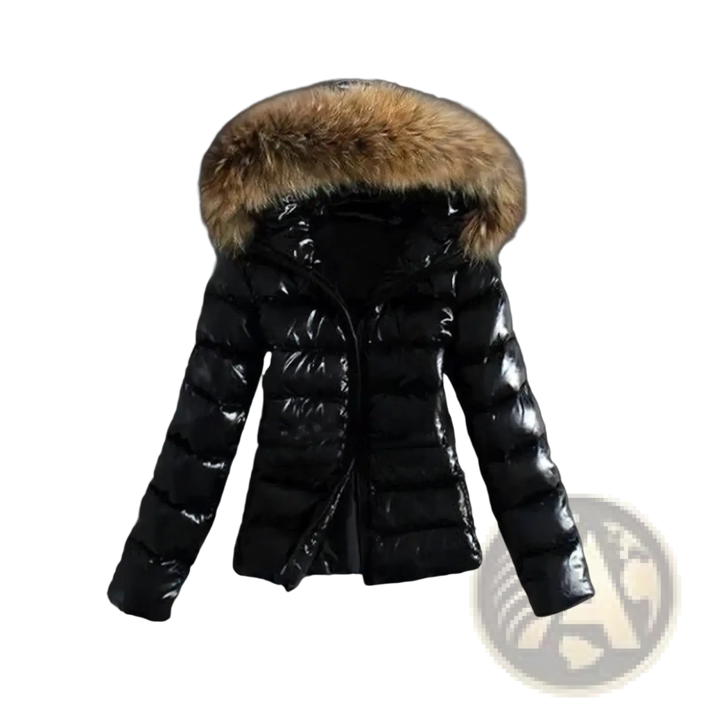 Black glossy faux leather puffer coat with a plush tan fur-lined hood for winter wear