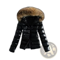 Black glossy faux leather puffer coat with a plush tan fur-lined hood for winter wear