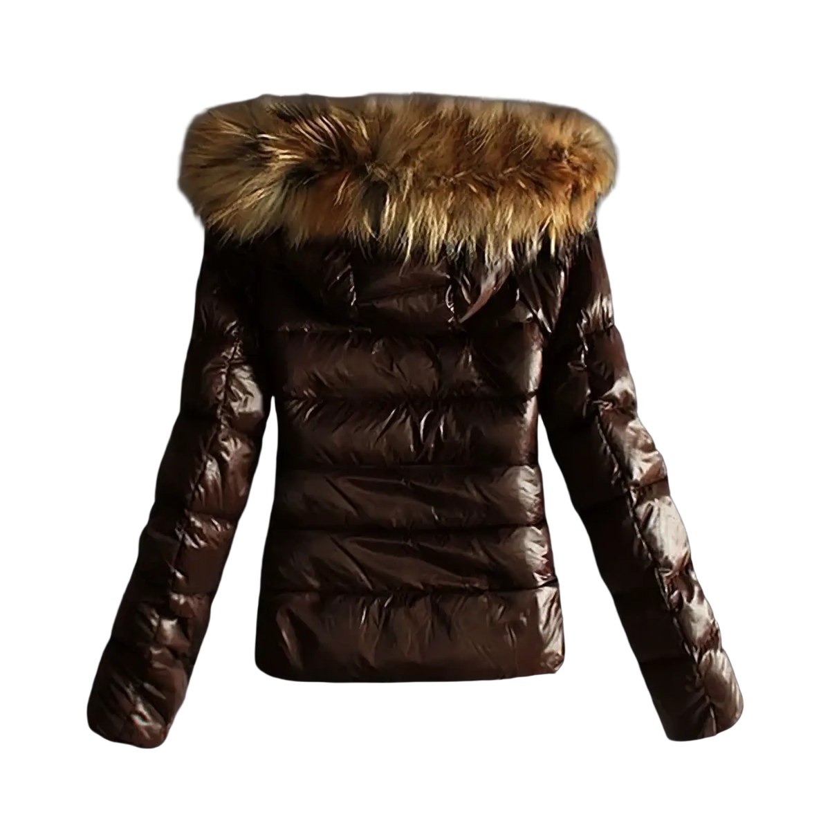 Brown glossy faux leather winter jacket with plush tan fur-lined hood for cold weather warmth and style