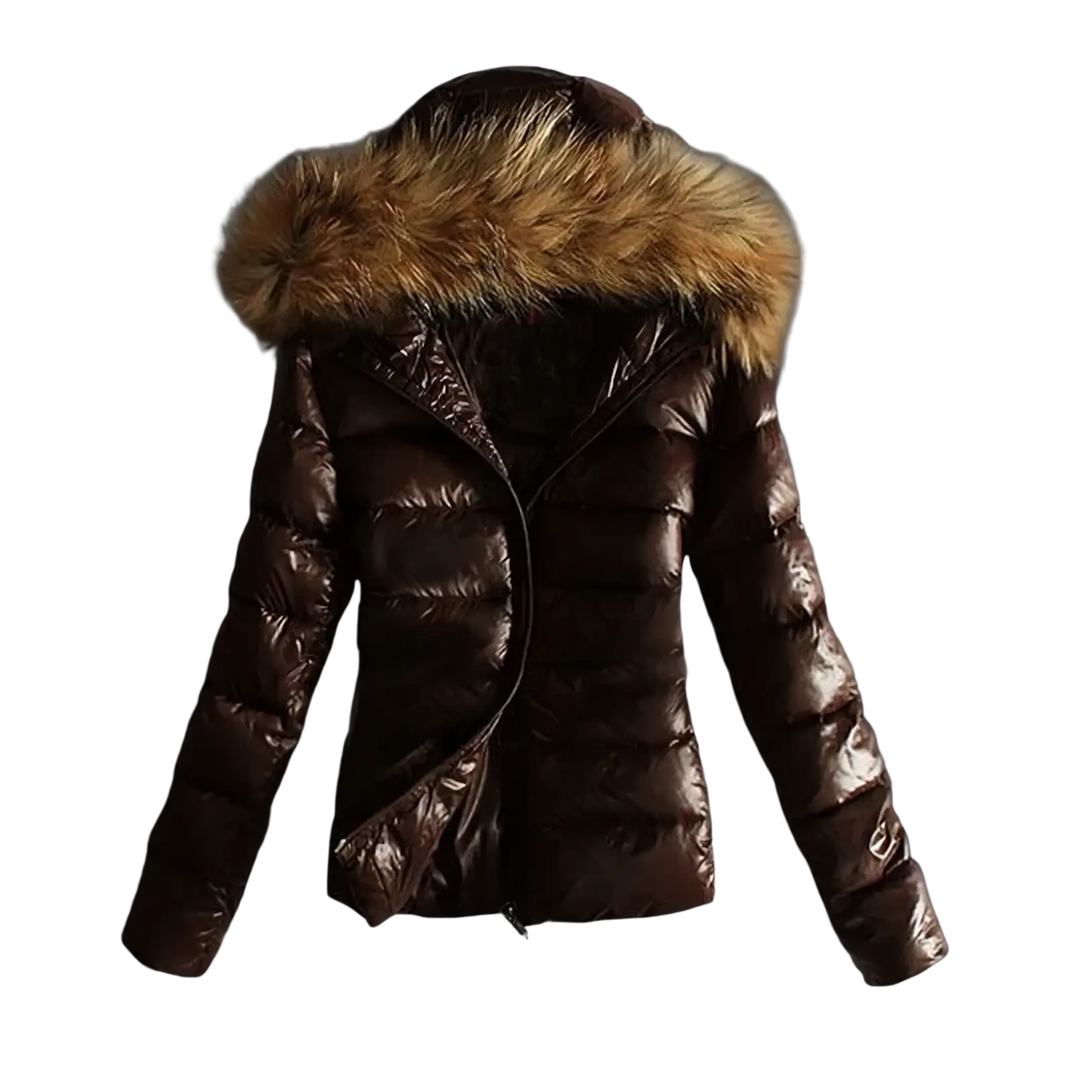 Brown glossy faux leather winter puffer jacket with plush tan fur-lined hood for cold weather wear