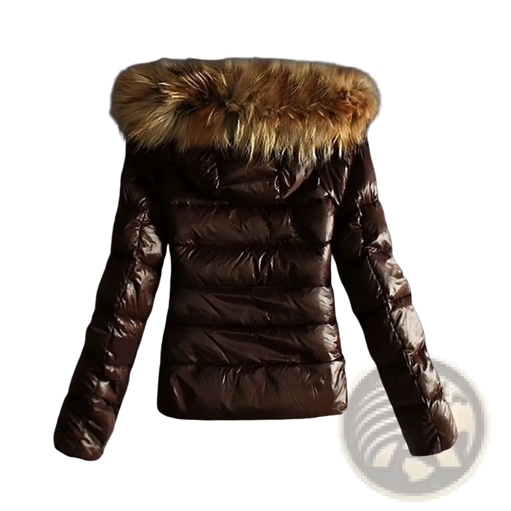 Brown faux leather winter jacket with plush tan fur-lined hood designed as a warm puffer coat