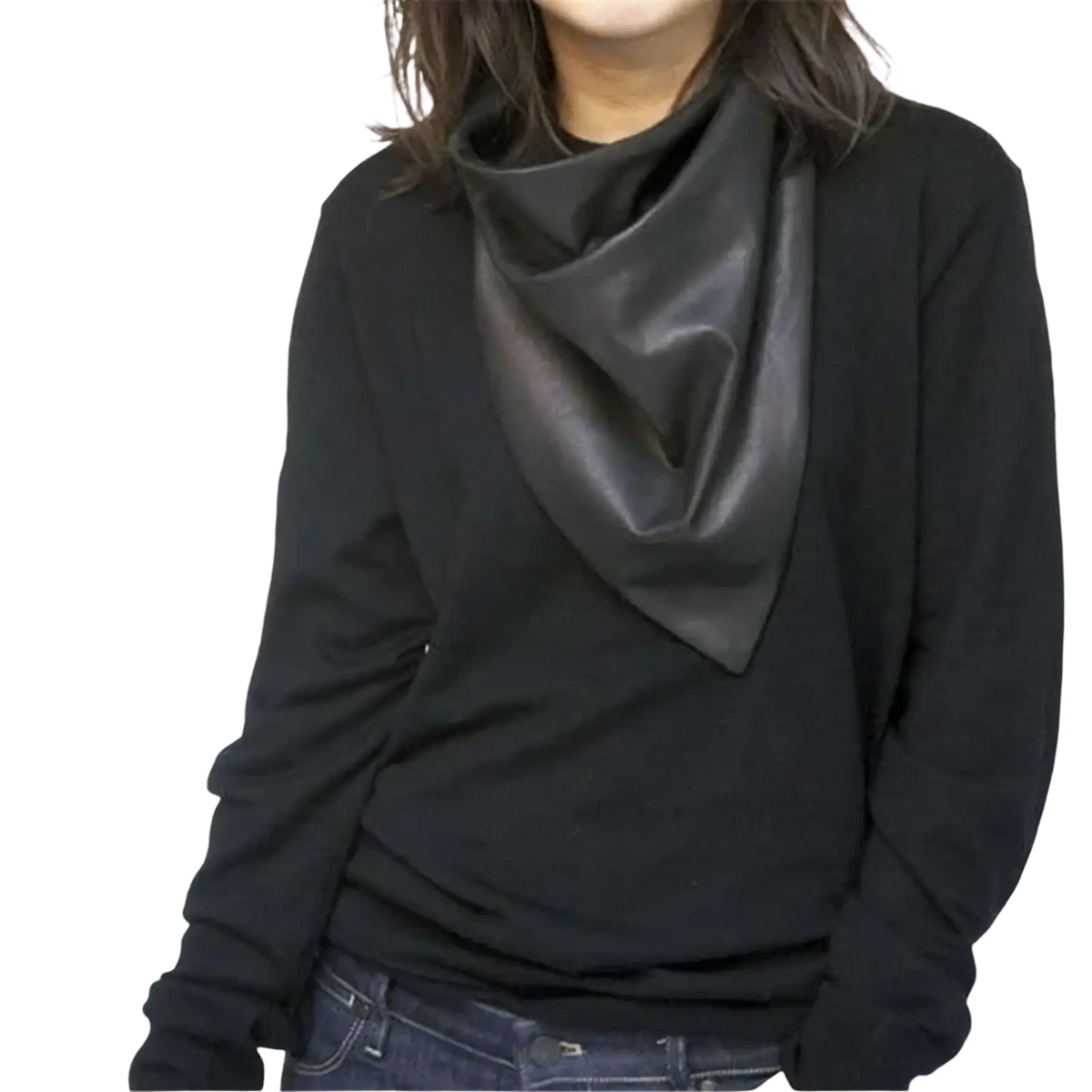 Black faux leather winter scarf with cowl neck worn over a black long-sleeved top for head cover use