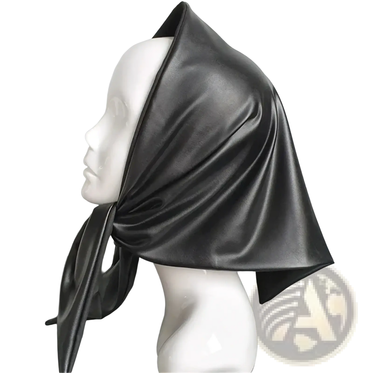 Black faux leather winter scarf head cover with sleek satin finish and soft draping design for cold weather use